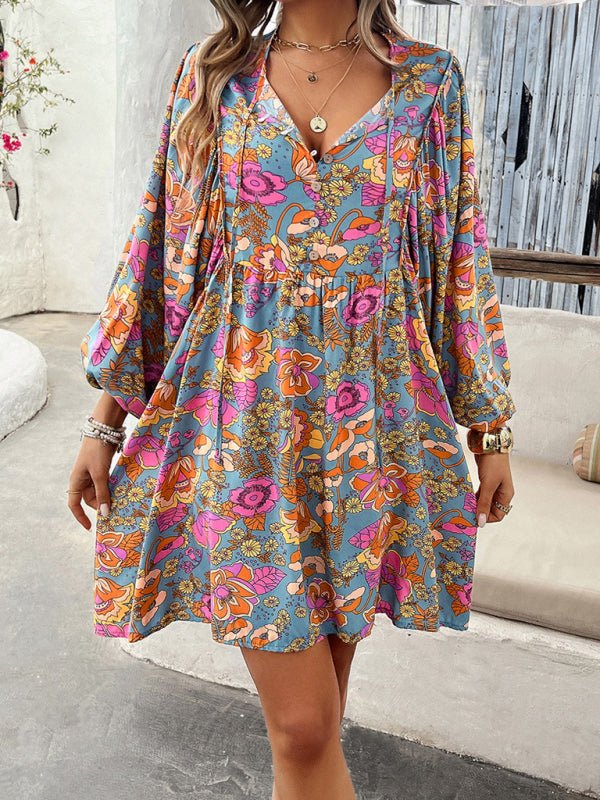 New V - neck loose casual full - body printed dress - Casual Dress